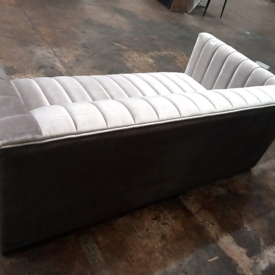 DESIGNER SILVER FABRIC SMALL SOFA WITH PANEL DETAIL