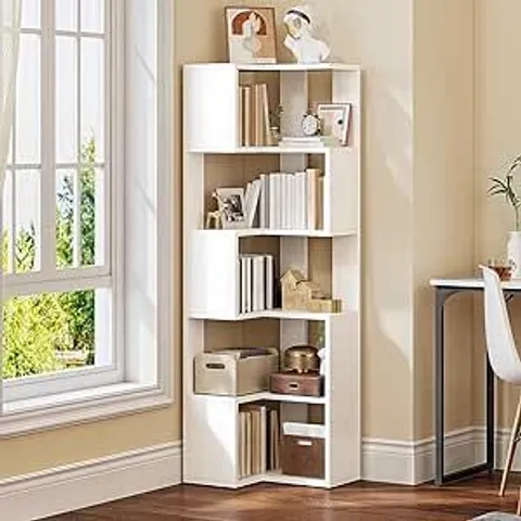 BOXED YITAHOME BOOKSHELF, 6 TIER CORNER SHELF, L-SHAPED SHELVING UNIT - WHITE (1 BOX)