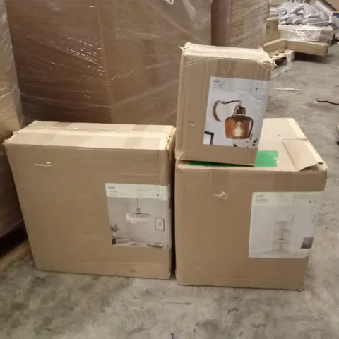 PALLET TO CONTAIN APPROXIMATELY 17 DESIGNER INDOOR LIGHTING PRODUCTS TO INCLUDE; CEILING LIGHTS, WALL LIGHTS, FLOOR LAMP ETC