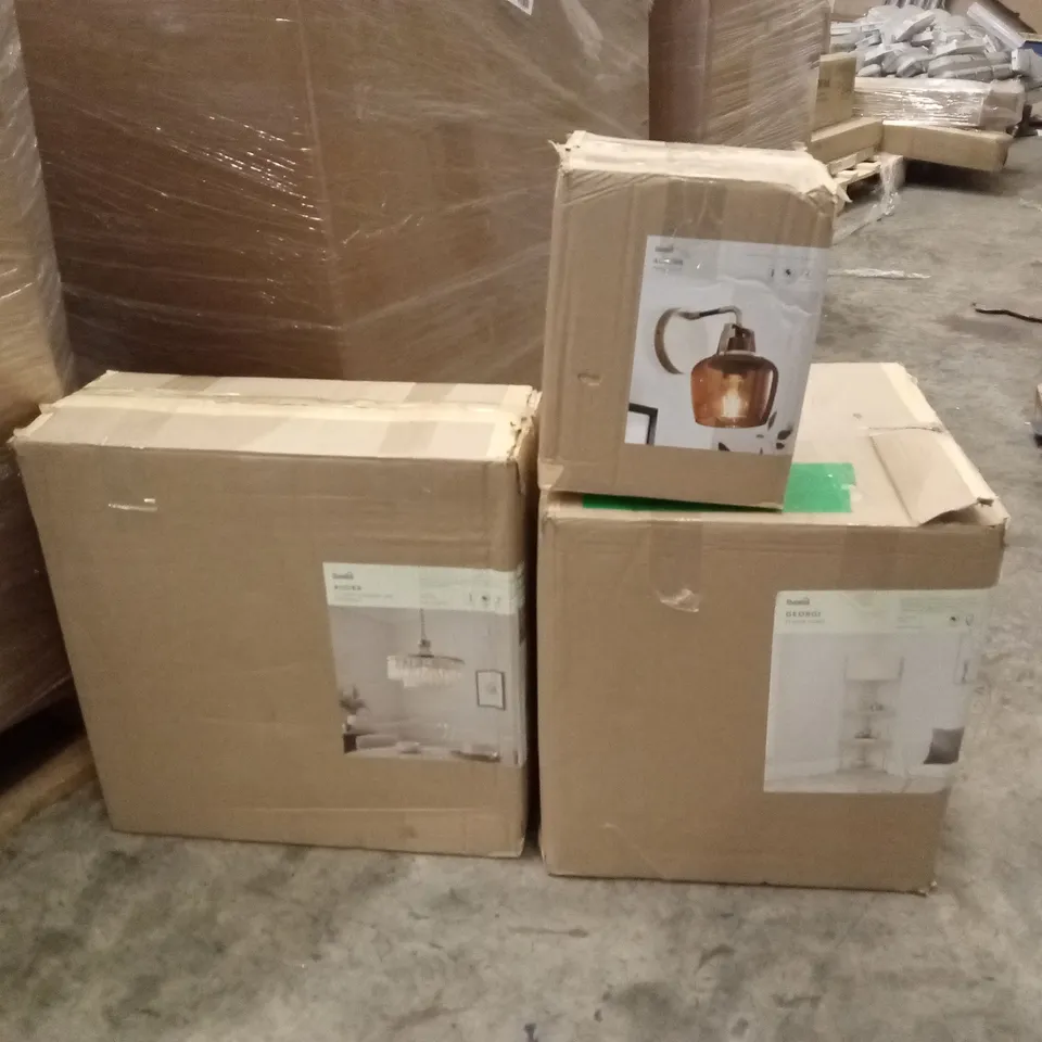PALLET TO CONTAIN APPROXIMATELY 17 DESIGNER INDOOR LIGHTING PRODUCTS TO INCLUDE; CEILING LIGHTS, WALL LIGHTS, FLOOR LAMP ETC