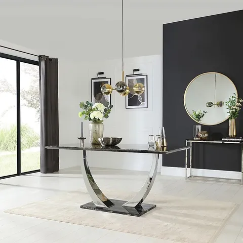 BOXED PEAKE DINING TABLE, 160cm BLACK MARBLE EFFECT AND CHROME (3 BOXES)
