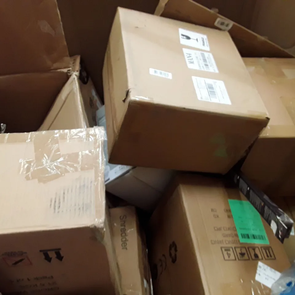PALLET TO CONTAIN AN ASSORTMENT OF HOUSEHOLD ITEMS TO INCLUDE TV STAND, WIRELESS KEYBOARDS AND MOUSE, EV CHARGER AND MONITORS ECT