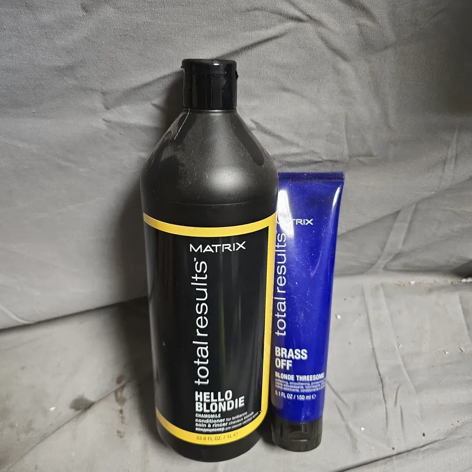 APPROXIMATELY 12 MATRIX HAIR CARE PRODUCTS INCLUDING TOTAL RESULTS HELLO BLONDIE CHAMOMILE 1L/TOTAL RESULTS BRASS OFF BLONDE THREESOME 150ML