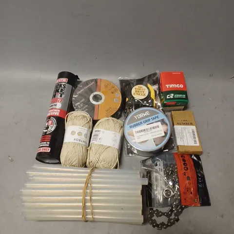 APPROXIMATELY 12 ASSORTED HOUSEHOLD ITEMS TO INCLUDE - YORWE RUBBER GRIP TAPE - PAINTBOX YARN - EVO-STIK WHITE ADHESIVE - ETC