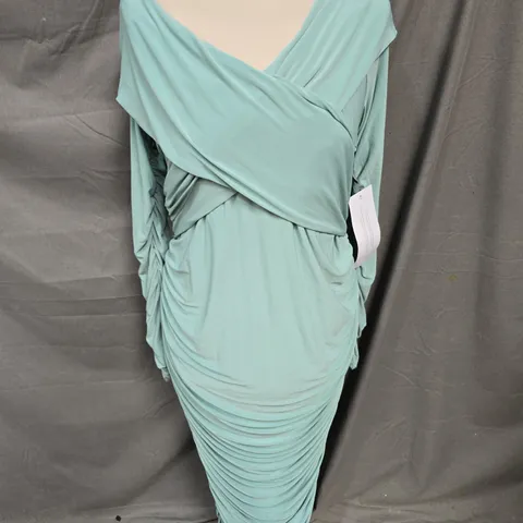 CLUB LONDON DAVINA RUCHED TWIST BARDOT LONG SLEEVE MATERNITY MIDI DRESS IN SAGE SIZE 14