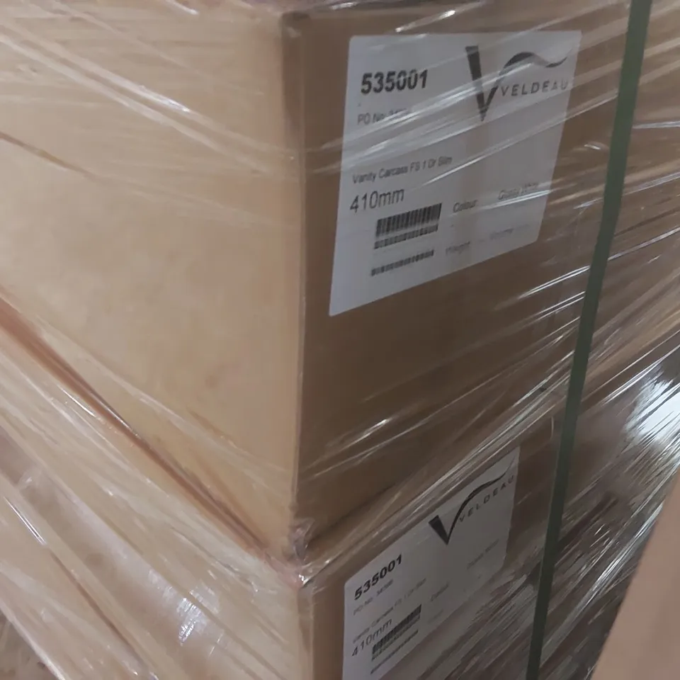 PALLET CONTAINING A LARGE QUANTITY OF ASSORTED BATHROOM FURNITURE PARTS INCLUDING: VELDEAU VANITY CARCASSES ECT