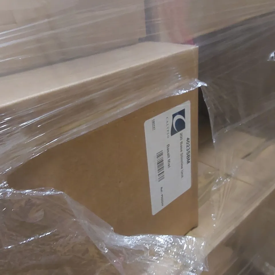 PALLET CONTAINING A LARGE QUANTITY OF ASSORTED BATHROOM FURNITURE PARTS INCLUDING: CALYPSO WC/BIDET CARCASSES, VANITY WALL UNITS, BASE SLIMLINE UNITS ECT