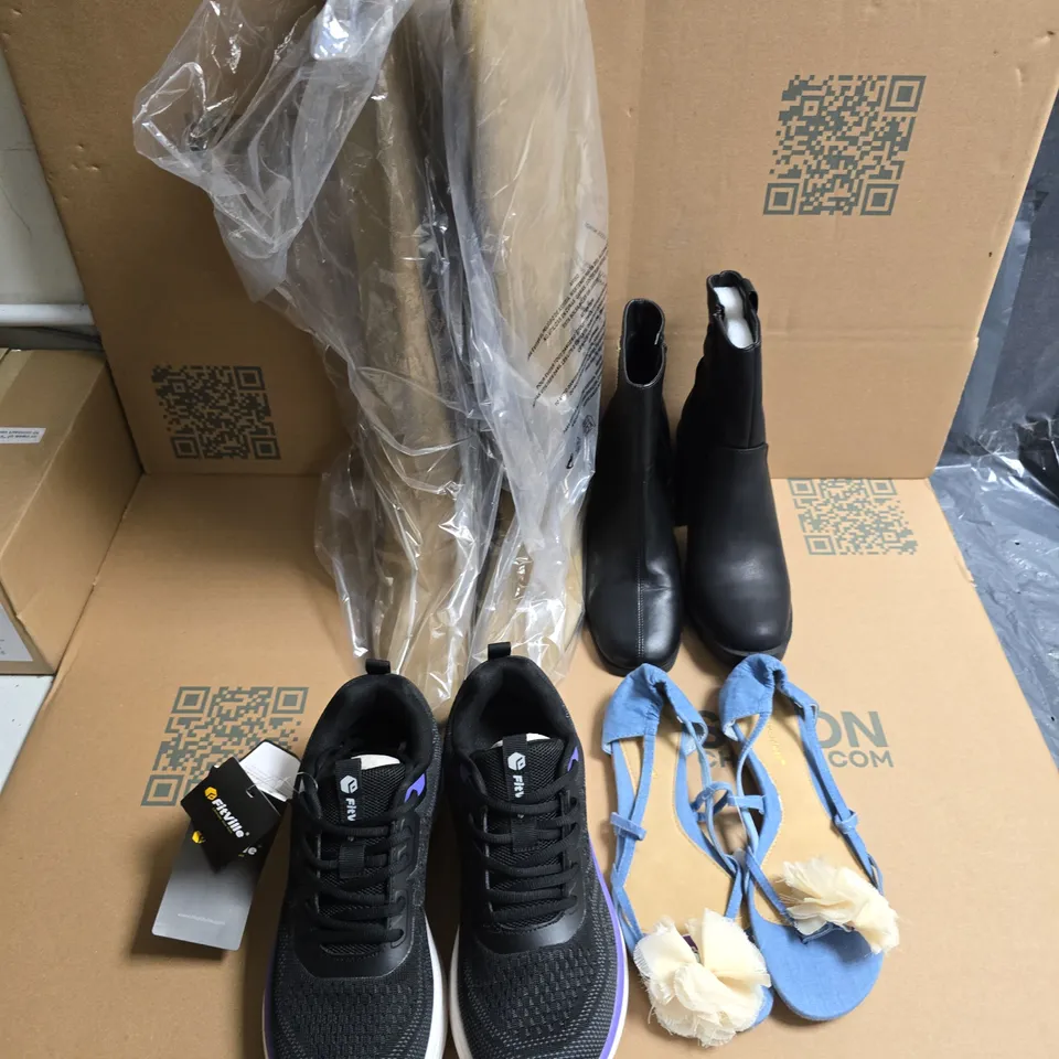 APPROXIMATELY 12 ASSORTED PAIRS OF SHOES AND FOOTWEAR ITEMS IN VARIOUS STYLES AND SIZES TO INCLUDE MNG, FITVILE, PRIMARK, ETC