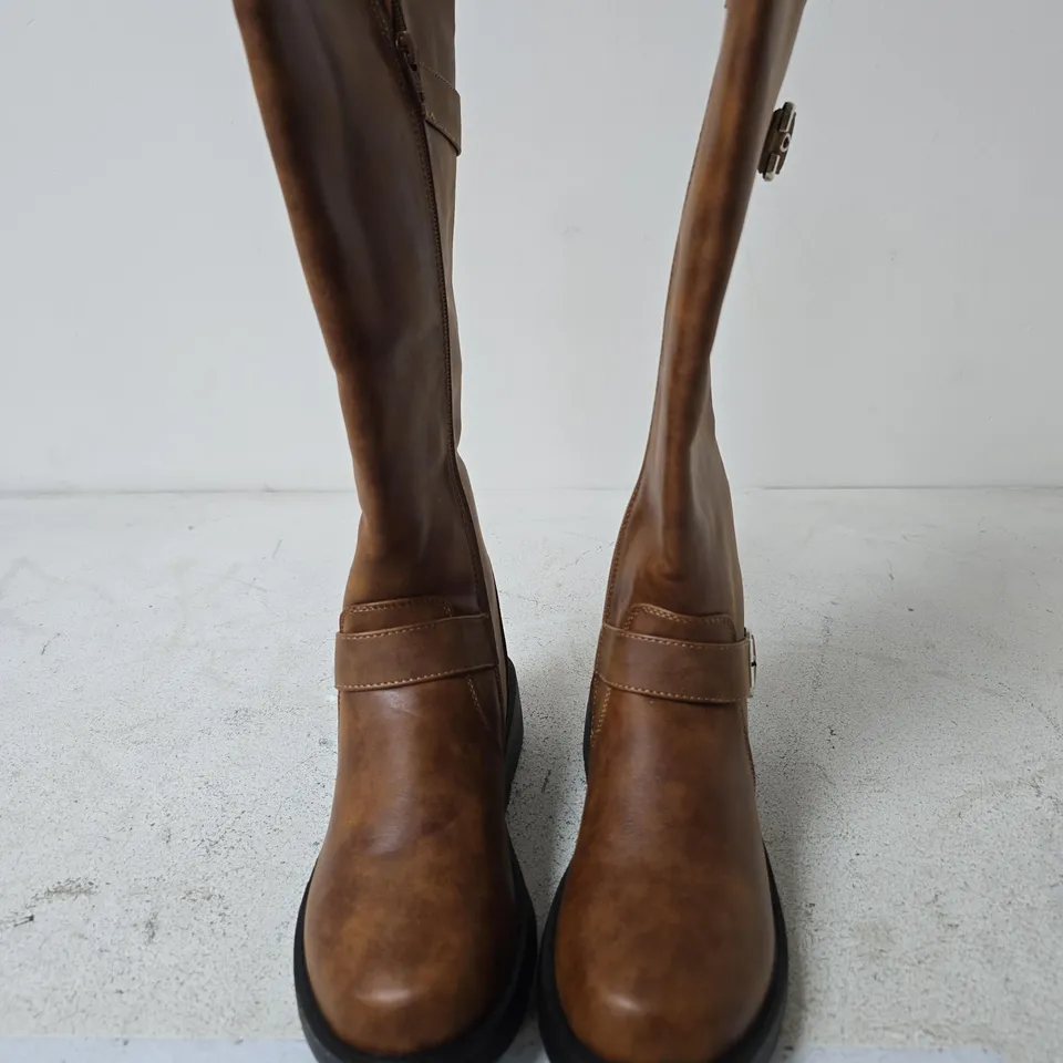 SPOT ON BUCKLE DETAIL CALF BOOTS, TAN - SIZE 5