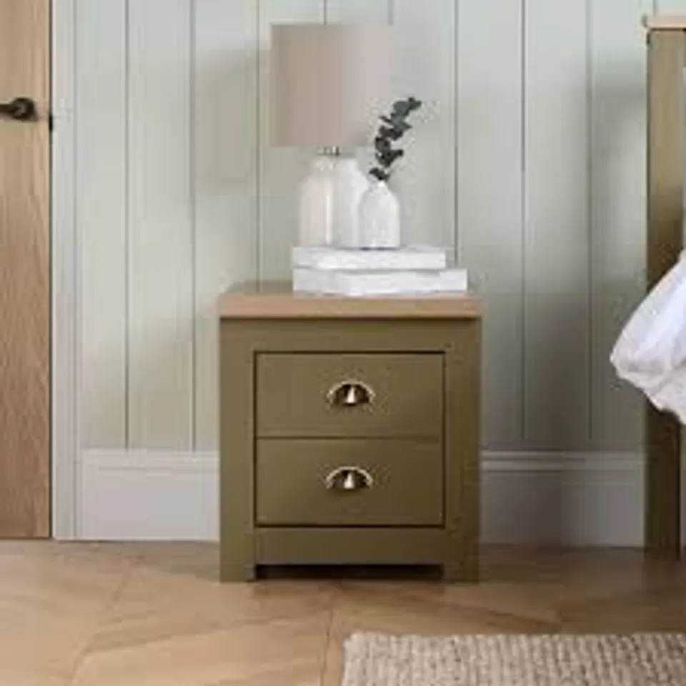 BOXED HIGHGATE 2 DRAWER BEDSIDE - OLIVE & OAK EFFECT (1 BOX)