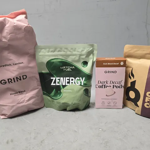APPROXIMATELY 7 ASSORTED DRINKS ITEMS TO INCLUDE - GRIND HOUSE BLEND , MATCHA FUEL ZENERGY , GRIND DARK DECAFE COFFEE PODS ETC