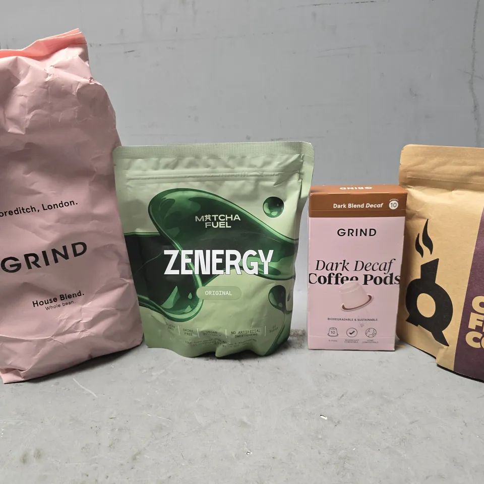 APPROXIMATELY 7 ASSORTED DRINKS ITEMS TO INCLUDE - GRIND HOUSE BLEND , MATCHA FUEL ZENERGY , GRIND DARK DECAFE COFFEE PODS ETC
