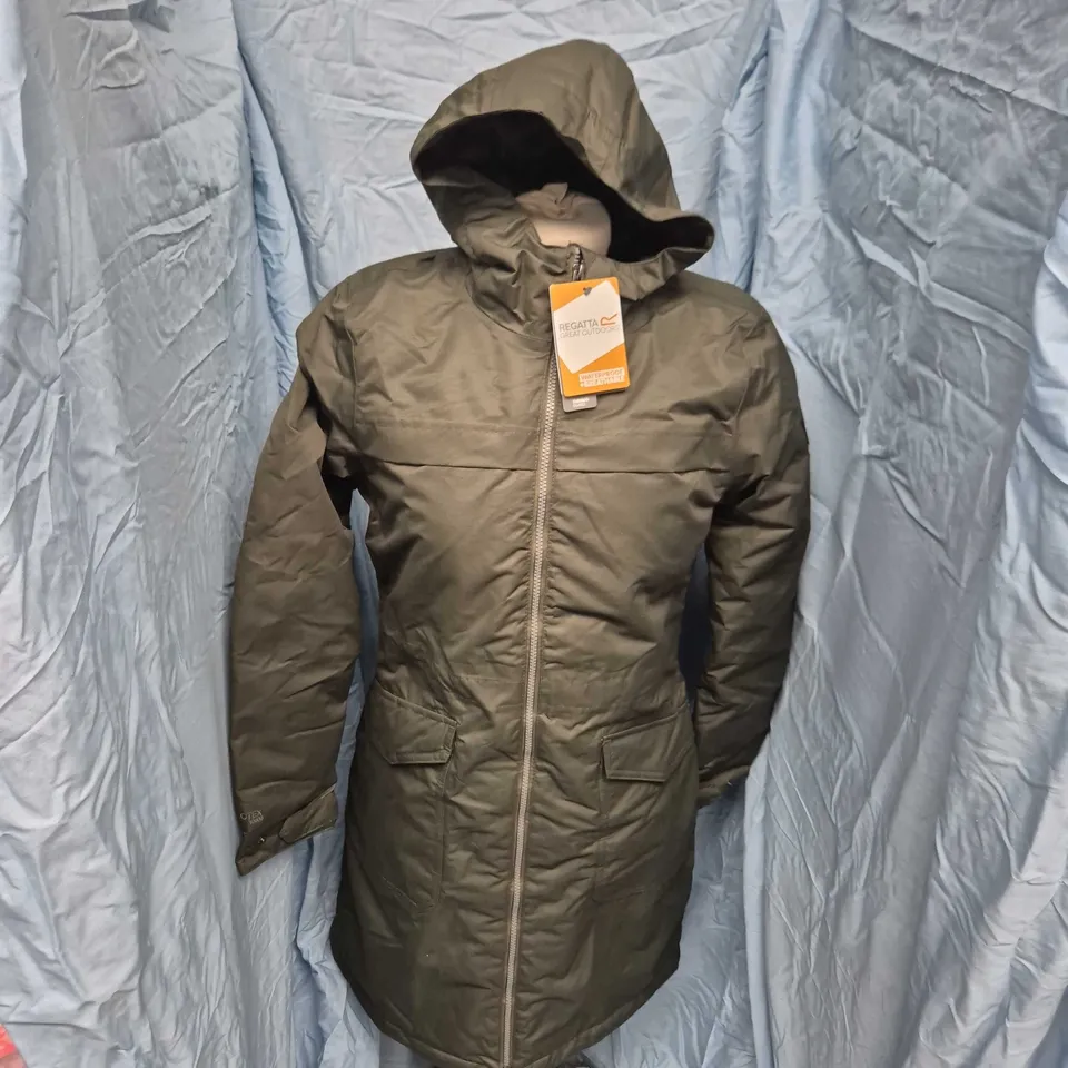 REGATTA WOMEN'S ROMINE II WATERPROOF PARKA JACKET IN DARK KHAKI/BLACK - UK 8