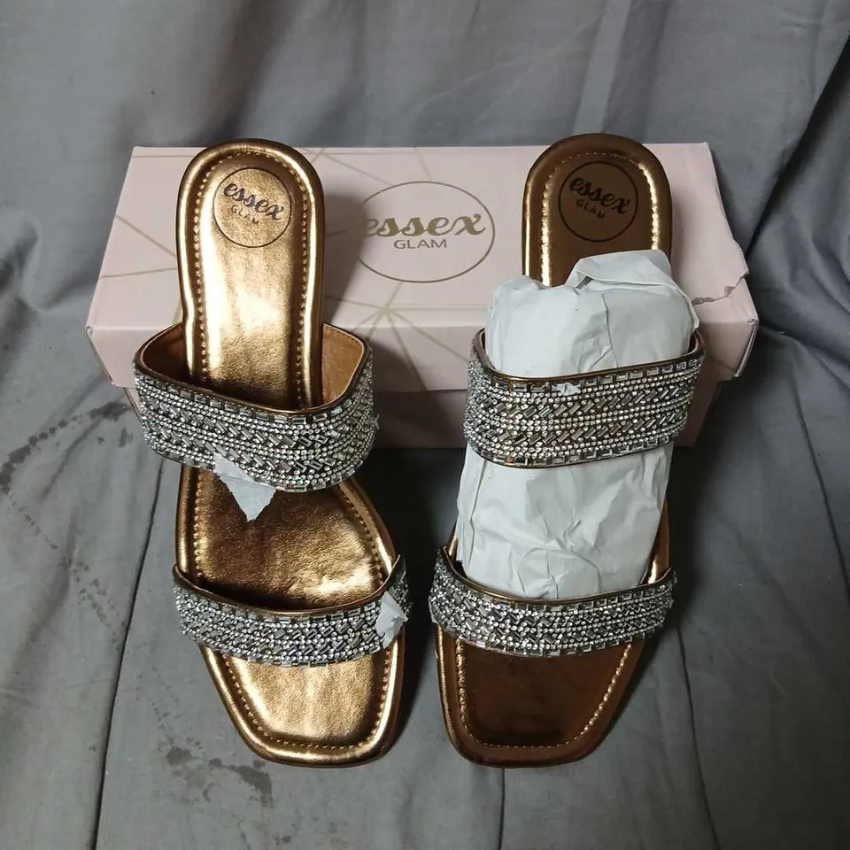 ESSEX GLAM LIQUID GOLD METALLIC SANDALS – CRYSTAL-EMBELLISHED STRAPS, WOMEN’S UK 7 (EU 40)