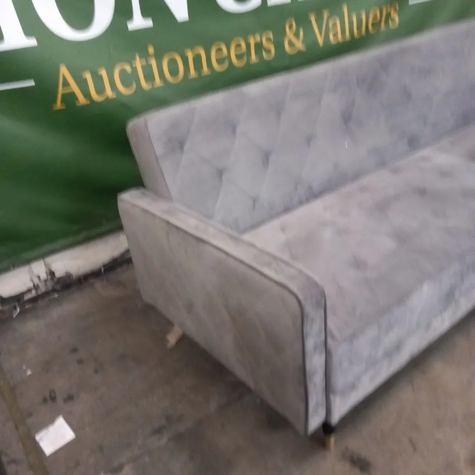 DESIGNERN SILVER VELVET EFFECT FABRIC CLICK CLACK SOFABED AND PIPING TO THE ARMS