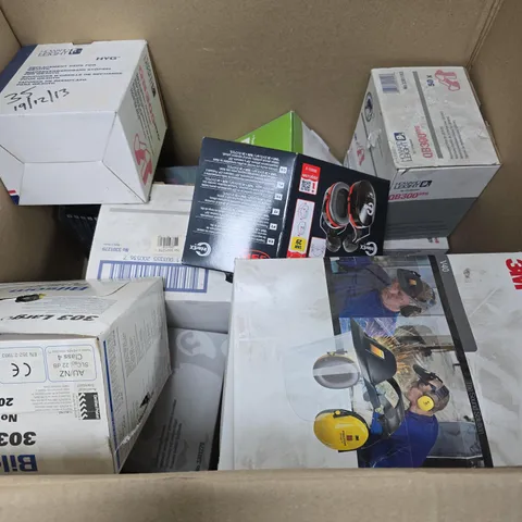 BOX OF ASSORTED SAFETY ITEMS TO INCLUDE EAR PLUG, EAR DEFENDERS 