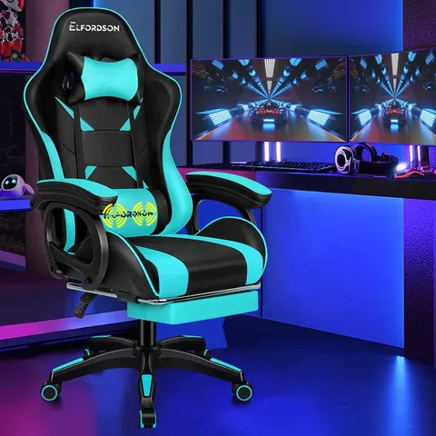 BOXED ELFORDSON GAMING CHAIR WITH RGB LED LIGHT 8-POINT MASSAGE, CYAN & BLACK