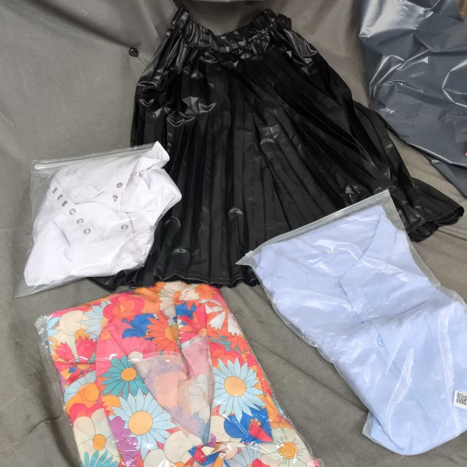 Women's clothing bundle: light blue button-down shirt (XL) + pink hoodie + black pleated skirt + floral dress