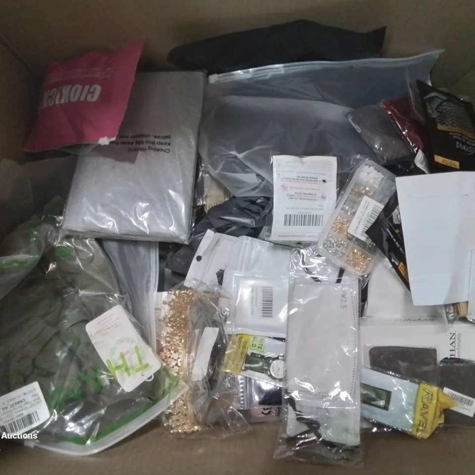 BOX CONTAINING LARGE AMOUNT OF MIXED FASHION ITEMS, SILVER PLATE AND COSTUME JEWELLERY, CLOTHING ITEMS ETC.