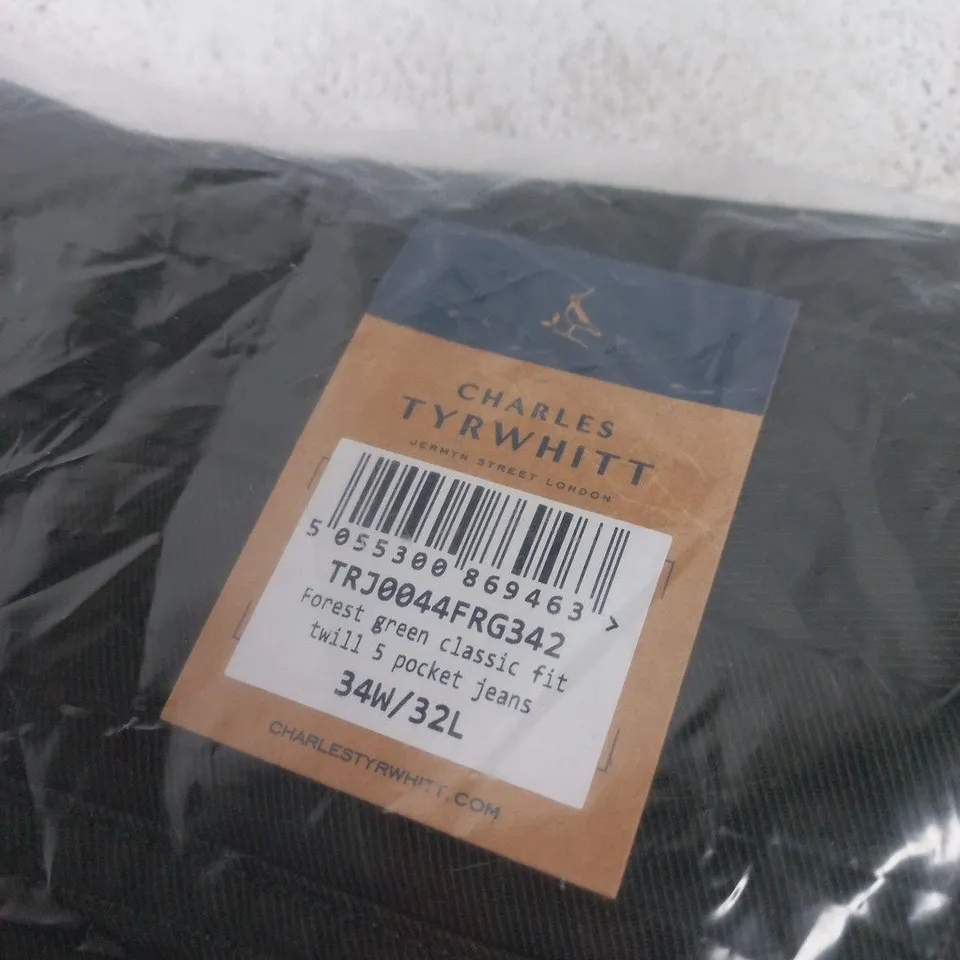 CHARLES TYRWHITT FOREST GREEN CLASSIC FIT TWILL JEANS – 34W/32L