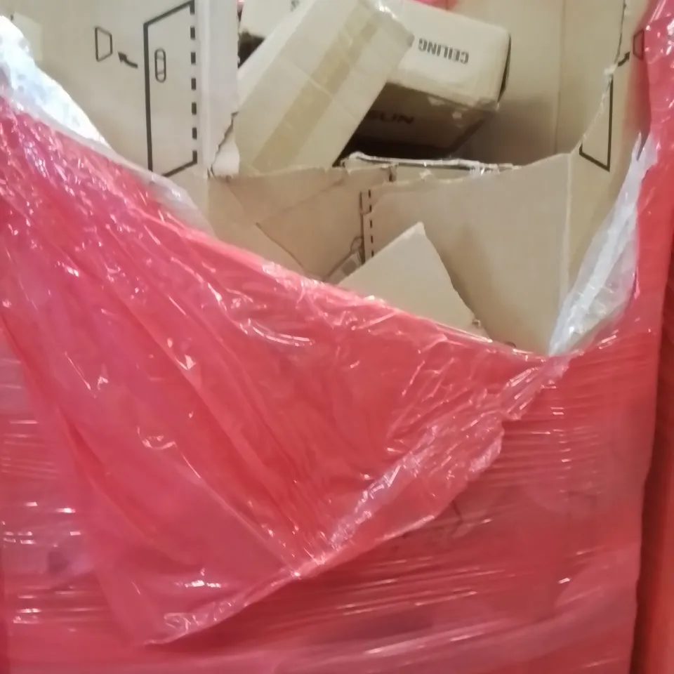 PALLET OF ASSORTED HOUSEHOLD GOODS AND PRODUCTS TO INCLUDE;CEILING FAN WITH LIGHT,JEWELLERY BOX,AIR COOLER