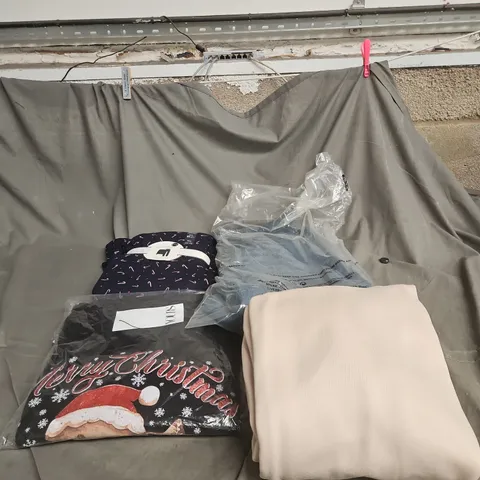 BOX OF APPROXIMATELY 20 ASSORTED CLOTHING ITEMS TO INCLUDE M&S PYJAMA SET, JEANS, CHRISTMAS CLOTHES, JOGGERS ETC