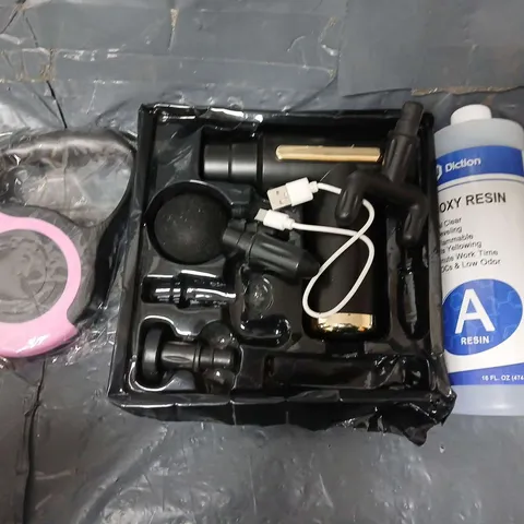 APPROXIMATELY 8 ASSORTED HOUSEHOLD ITEMS TO INCLUDE EPXOY RESIN, MASSAGER, PET LEAD, ETC