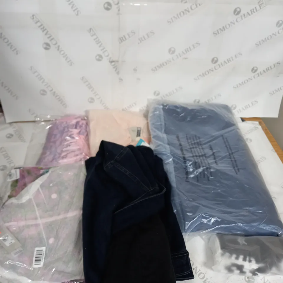 LARGE BOX OF ASSORTED CLOTHING ITEMS IN VARIOUS COLOURS AND SIZES INCLUDING TROUSERS , TOPS AND JUMPERS 