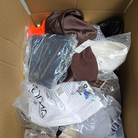 LARGE BOX OF APPROXIMATELY 20 ASSORTED CLOTHING ITEMS IN VARIOUS SIZES, STYLES AND COLOUR