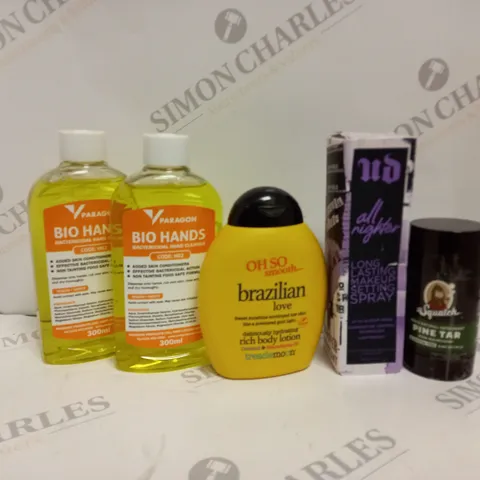 5 ASSORTED HEALTH AND BEAUTY PRODUCTS TO INCLUDE URBAN DECAY ALL NIGHTER LONG LASTING MAKEUP SETTING SPRAY, OH SO SMOOTH BRAZILIAN LOVE BODY LOTION, PARAGON BIO HANDS BACTERICIDAL HAND CLEANER