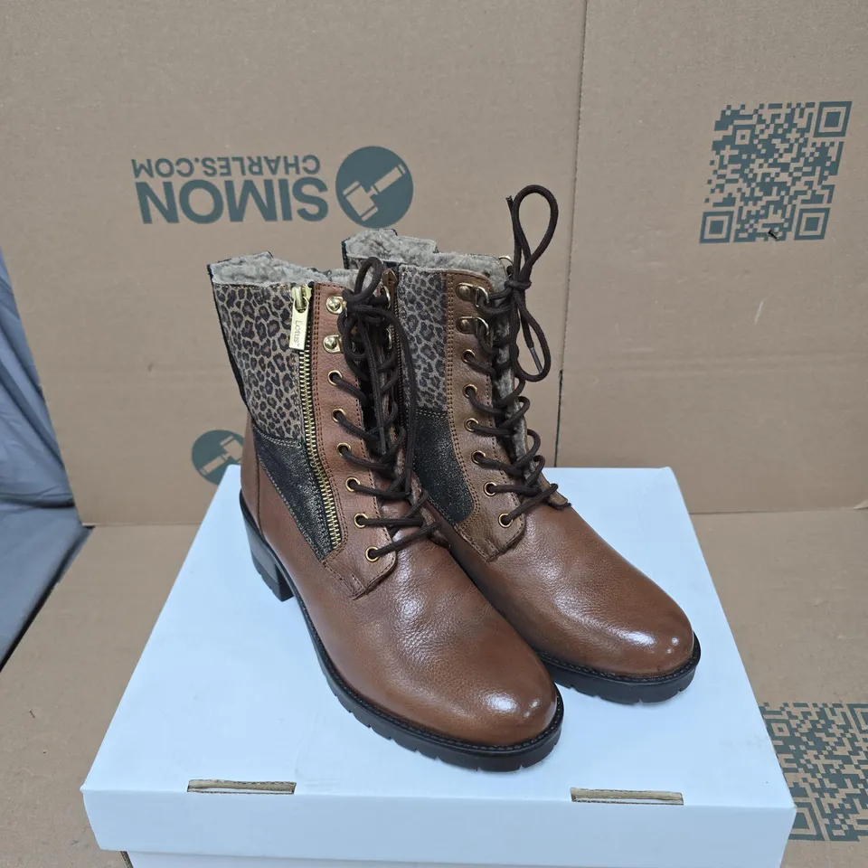 LOTUS WOMEN'S BROWN LEATHER BOOT WITH LEOPARD PRINT PANEL – GOLD ZIP & LACE-UP SIZE 6 BOXED