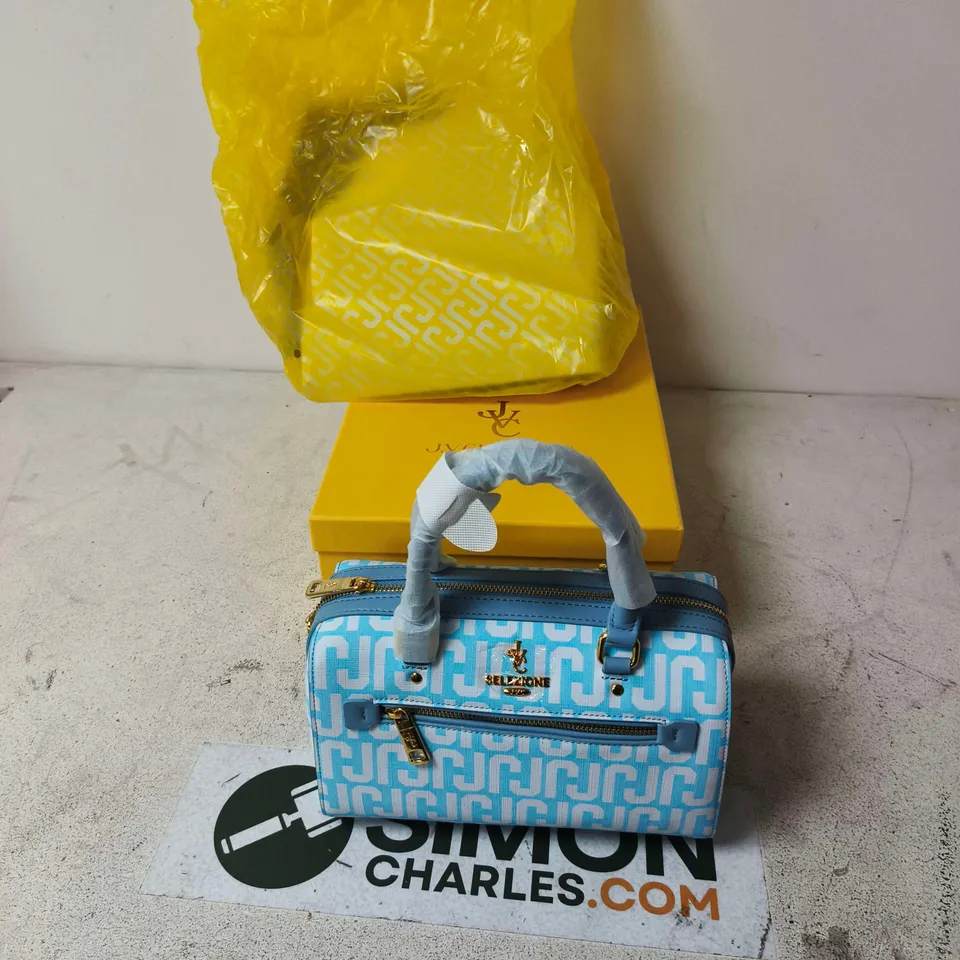 J.V. CHADWIN MILANO HANDBAG – BLUE PATTERNED FABRIC WITH GOLD HARDWARE