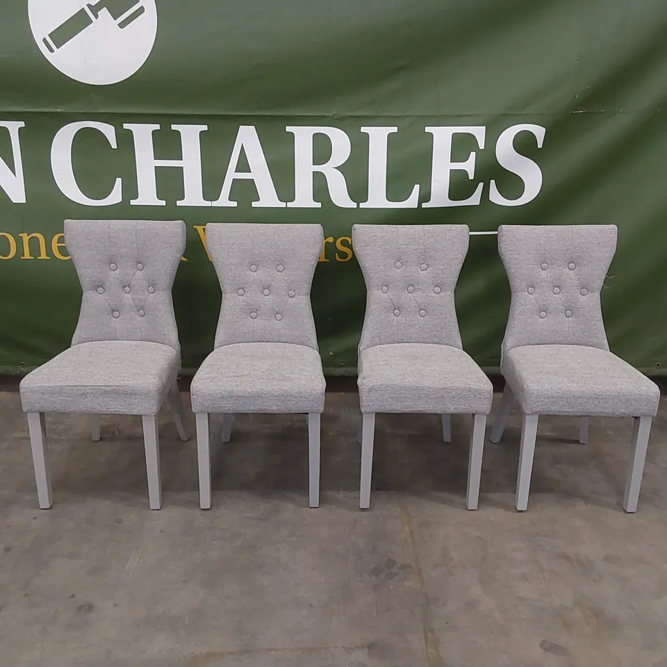 SET OF 4 BEWLEY LIGHT GREY FABRIC BUTTON BACK DINING CHAIRS WITH GREY LEGS