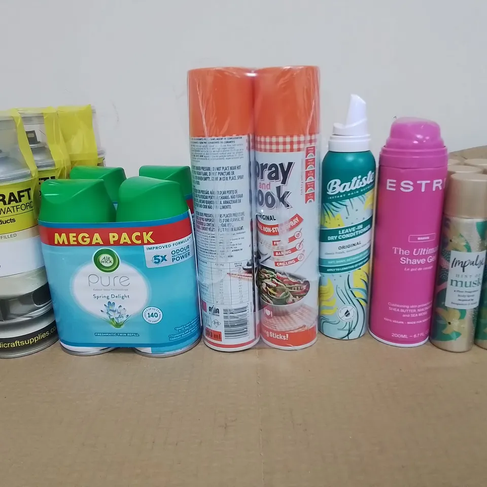 LOT OF ASSORTED HOME AEROSOLS TO INCLUDE SPRAY & COOK, AIR WICK TWIN REFILL AND IMPULSE MUSK