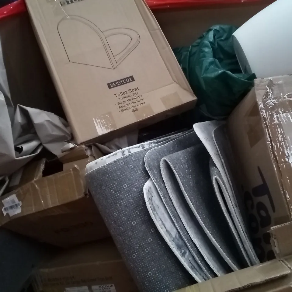 PALLET OF ASSORTED ITEMS INCLUDING OLARHIKE DOUBLE HIGH AIR MATTRESS, GARDEN TABLE, ROLLER BLINDS, HEATED MATTRESS, ROTISSERIE KIT, STOREMIC TOILET SEAT 