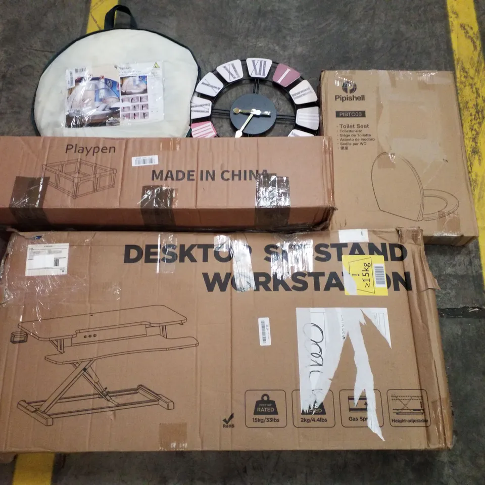 PALLET CONTAINING ASSORTED PRODUCTS INCLUDING MOSQUITO NET, WALL CLOCK, TOILET SEAT, PLAYPEN & DESKTOP SIT-STAND WORKSTATION 