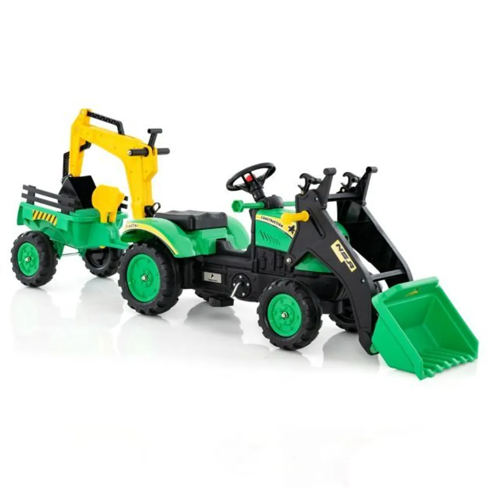 BOXED COSTWAY 3-IN-1 KIDS RIDE ON PEDAL EXCAVATOR WITH DETACHABLE TRAILER - GREEN