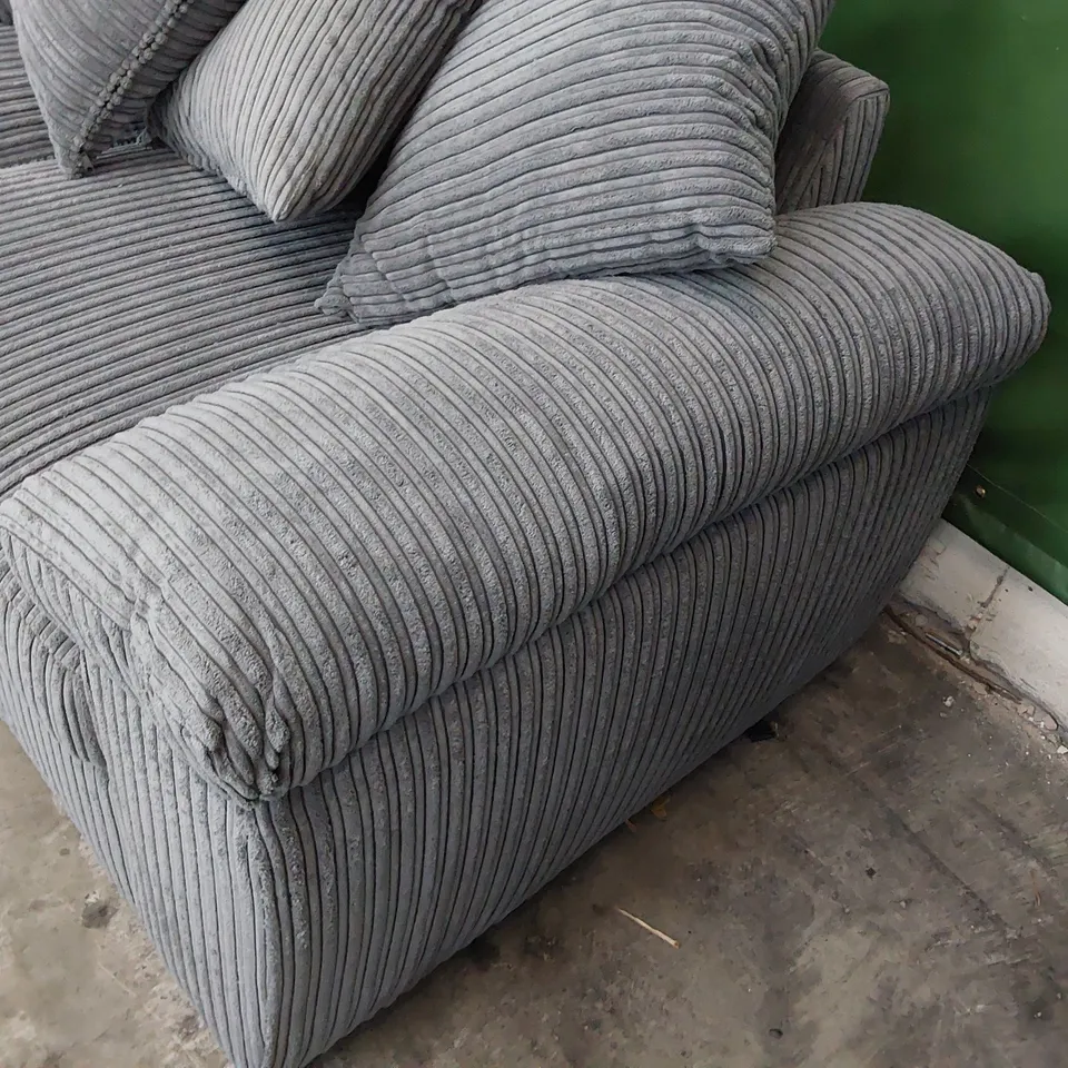 DESIGNER THREE SEATER SOFA WITH SCATTER CUSHIONS GREY JUMBO CHORD 