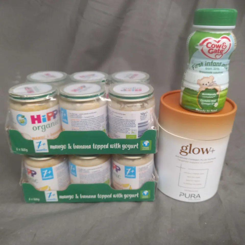 APPROXIMATELY 4 ASSORTED FOOD AND DRINK ITEMS TO INCLUDE BABY FOOD, GLOW+ AND COW AND GATE - COLLECTION ONLY