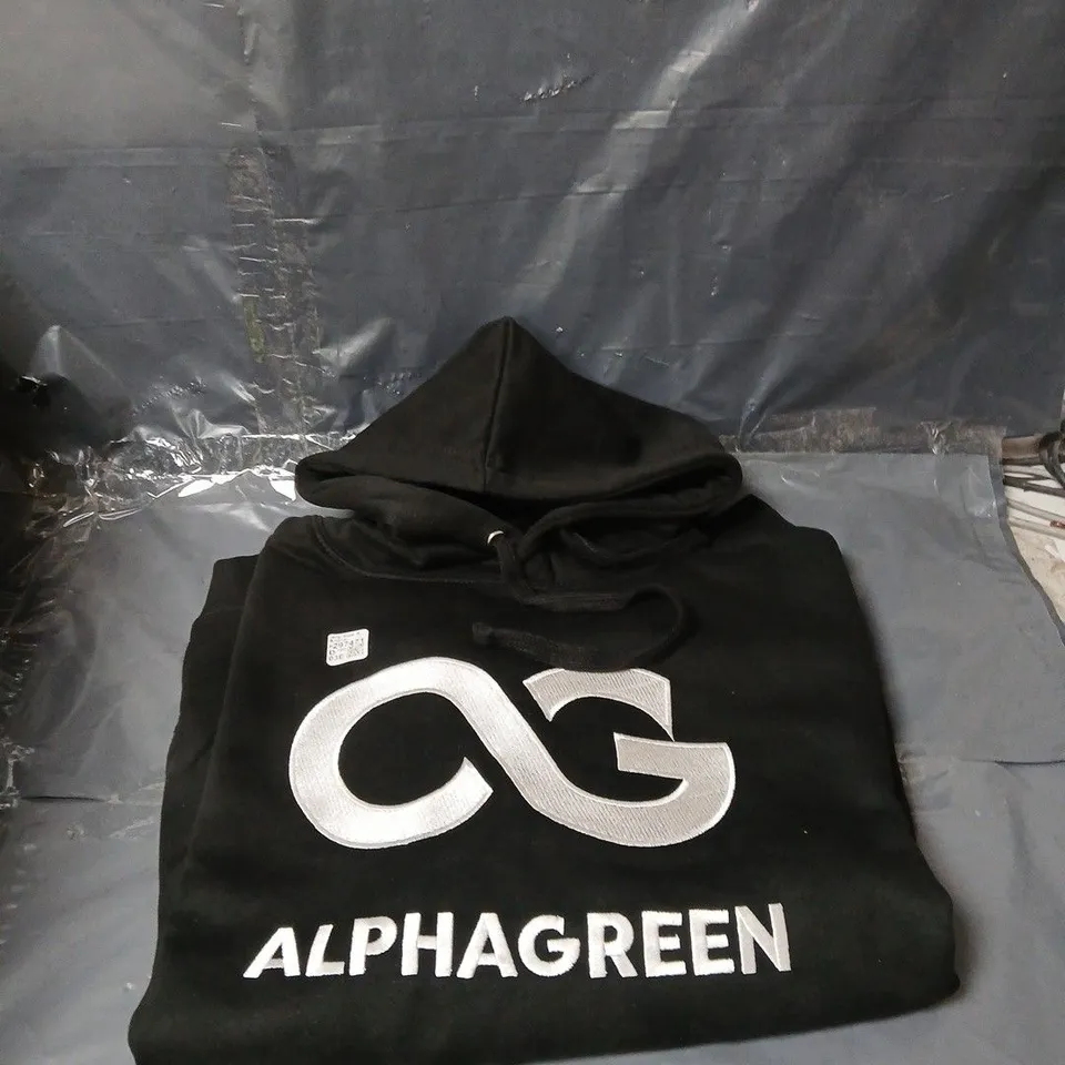 APPROXIMATELY 10 ALPHAGREEN HOODIE – BLACK WITH WHITE LOGO-SIZE S
