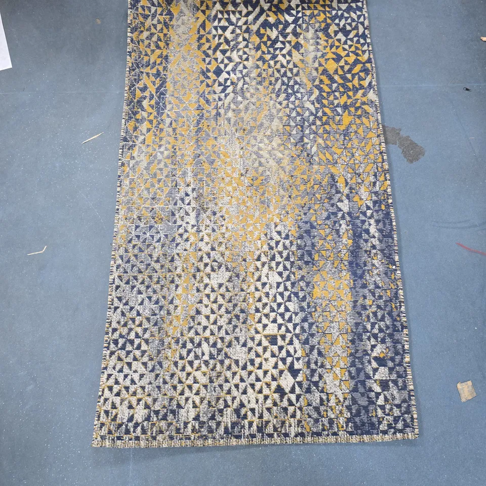 GEOMETRIC PATTERNED RUG – BLUE, GREY AND MUSTARD TRIANGLES