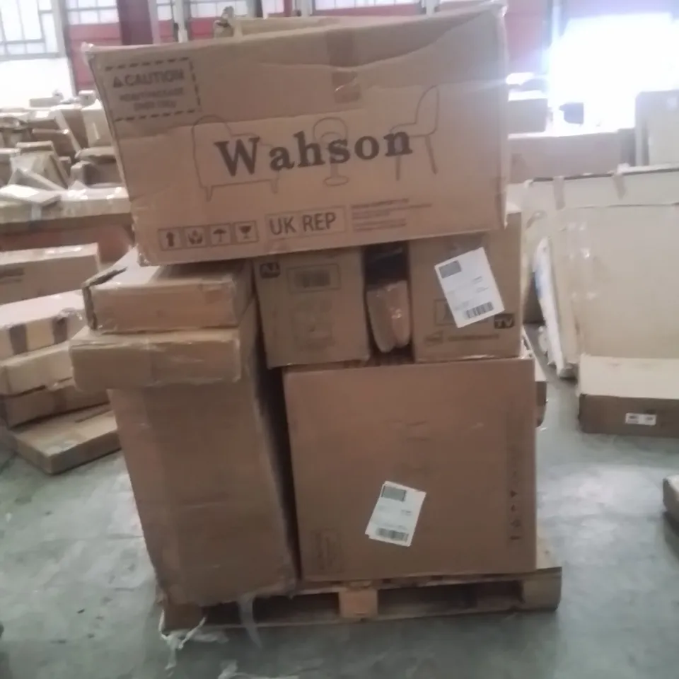 PALLET TO CONTAIN NEO PRODUCTS AND OTHER ASSORTED HOUSEHOLD GOODS TO INCLUDE;ACCENT CHAIR,STOOLS,ICE CONE MAKER,MIRROR,RADIATOR COVER 