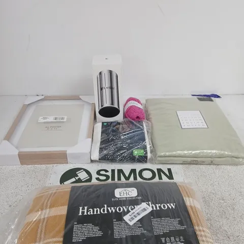 BOX OF APPROXIMATELY 10 ASSORTED ITEMS INCLUDING FUSION DIM OUT EYELET CURTAINS, ELITE HOME COLLECTION HANDWOVEN THROW AND SOME DROPS DAISY MERINO WOOL