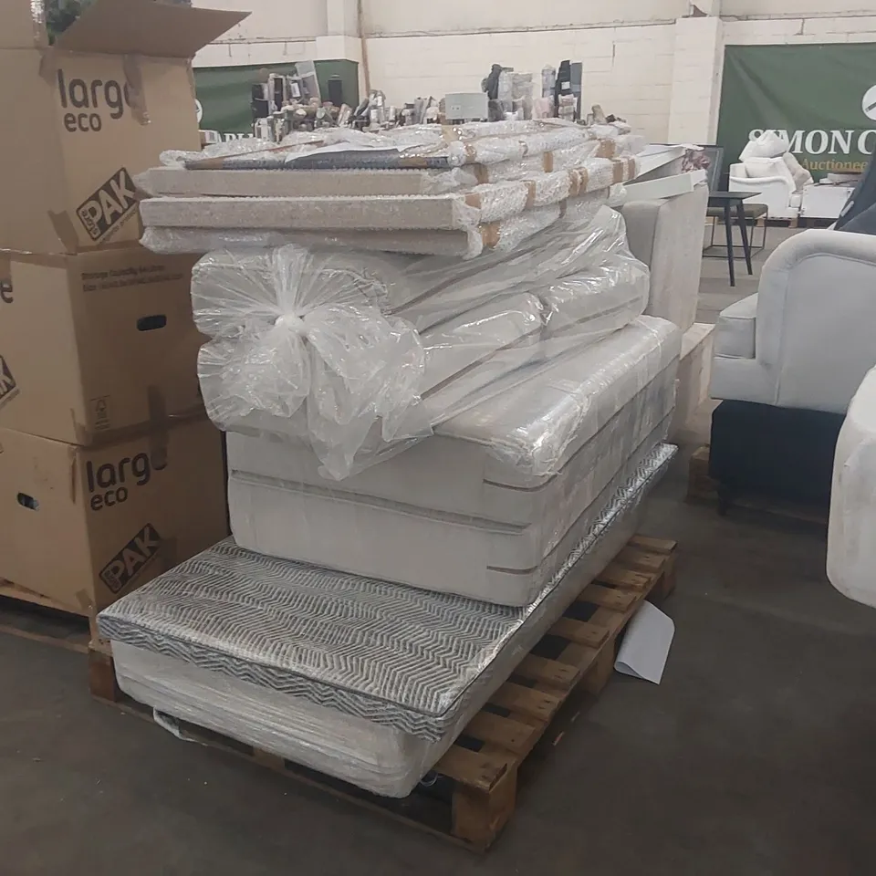 PALLET OF ASSORTED HOME FURNISHINGS TO INCLUDE: SOFA CUSHIONS, WALL DECORATIONS ECT