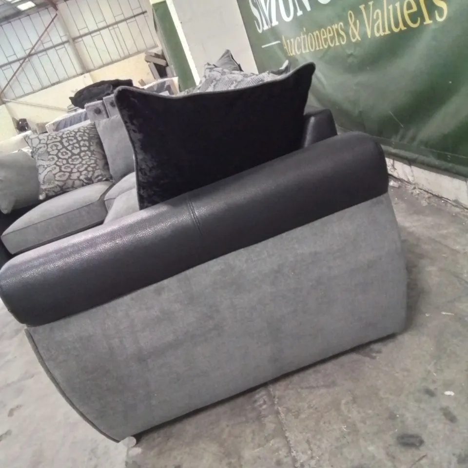 DESIGNER HILTON FABRIC UPHOLSTERED CORNER SOFA IN VIPER GREY AND BLACK WITH SCATTER CUSHIONS