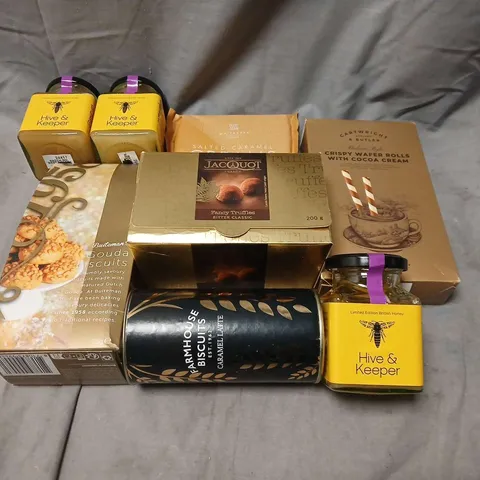BOX OF APPROX 5 FOOD AND DRINK ITEMS TO INCLUDE : HIVE & KEEPER HONEY JARS, JACQUOT CHOCOLATES & CADBURY WAFER ROLLS