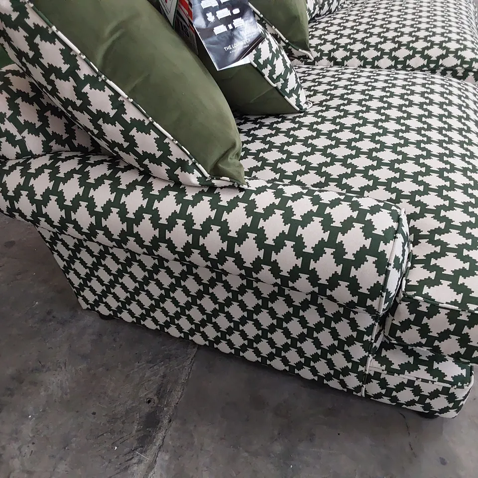 QUALITY BRITISH DESIGNER LOUNGE Co. BRONWYN FOUR SEATER SOFA TRIMOS TRIBAL TILE MOSS FABRIC WITH REVERSIBLE SCATTER CUSHIONS 