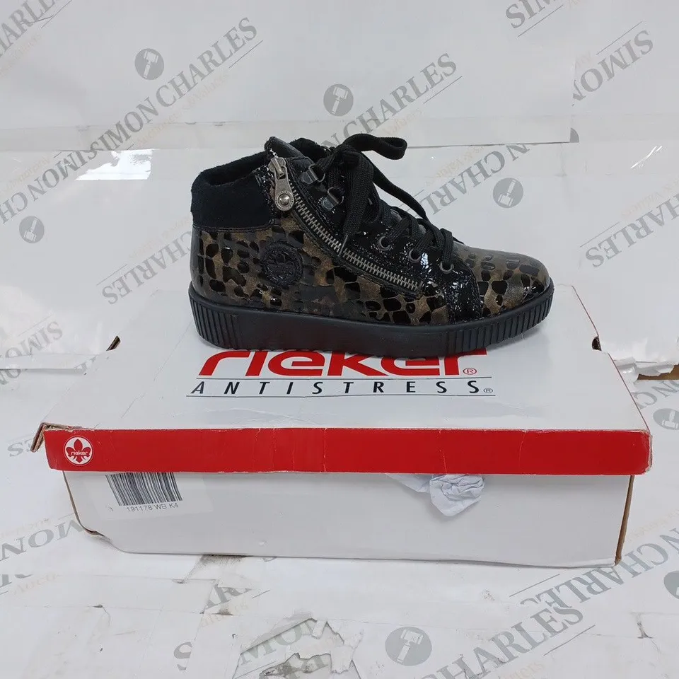 BOXED RIEKER BLACK MULTICOLOURED SIDE ZIP TRAINERS- SIZE 4 