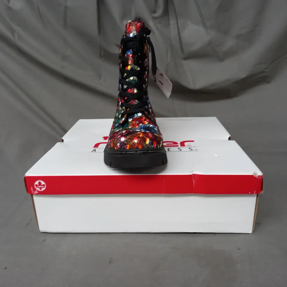 BOXED PAIR OF RIEKER BOOTS IN MULTI SIZE 6
