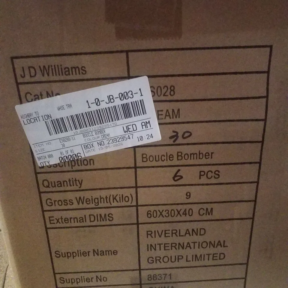 BOX CONTAINING APPROXIMATELY 6 BRAND NEW JD WILLIAMS CREAM BOUCLE BOMBERS - SIZE 6